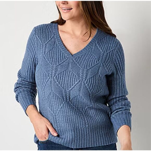 ST. JOHN’S BAY Women’s Pullover Sweater XL Denim Blue V Neck Long Sleeve NWT - Picture 1 of 15
